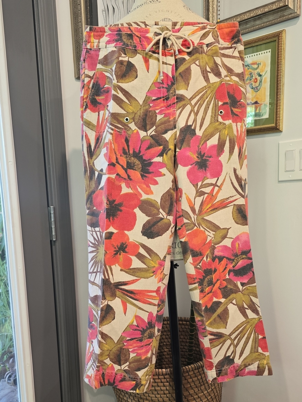 Chico's Floral Linen Wide-Leg Pants in Pink, Orange & Green